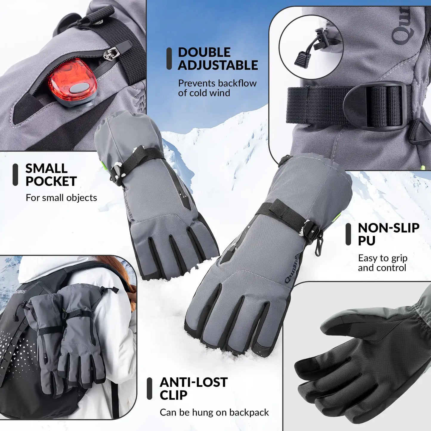 Gray gloves with features highlighted on a mountain background