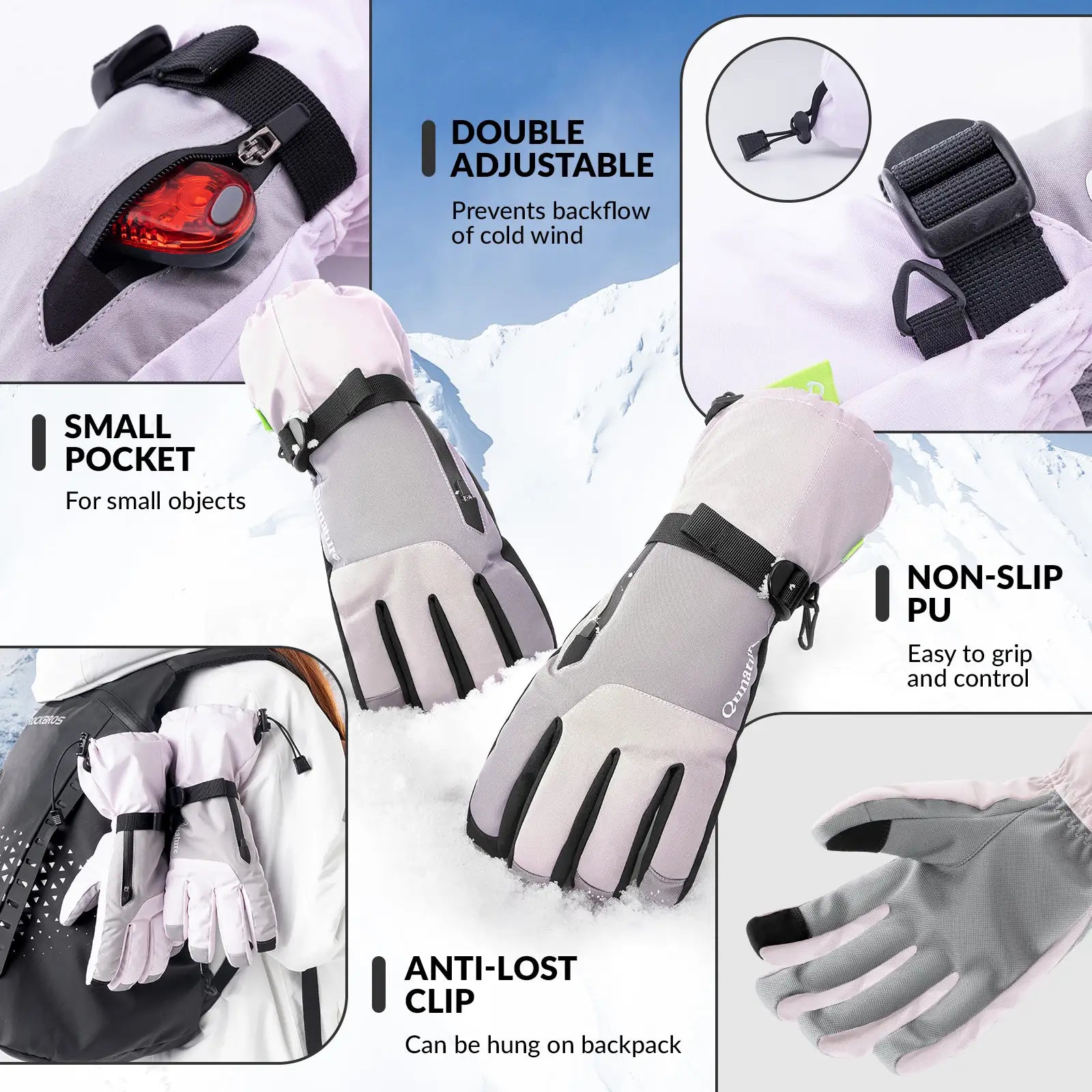 Gloves with features highlighted on a snowy background