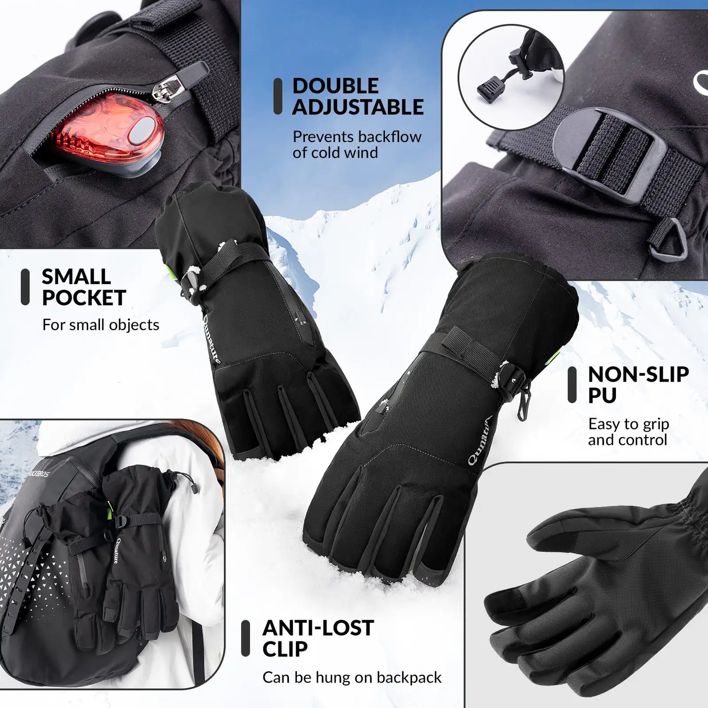 Black gloves with features highlighted on a snowy background