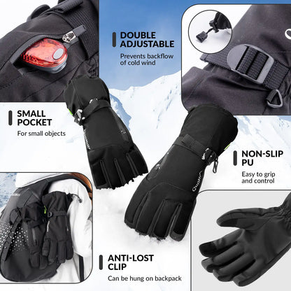 Black gloves with features highlighted on a snowy background