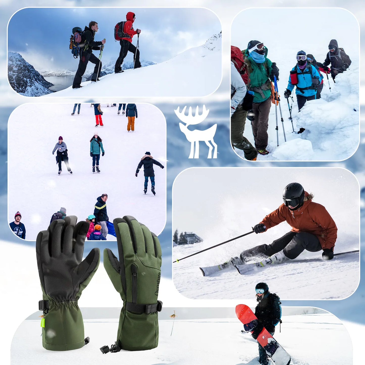 Collage of people skiing and snowboarding with gloves in the foreground.