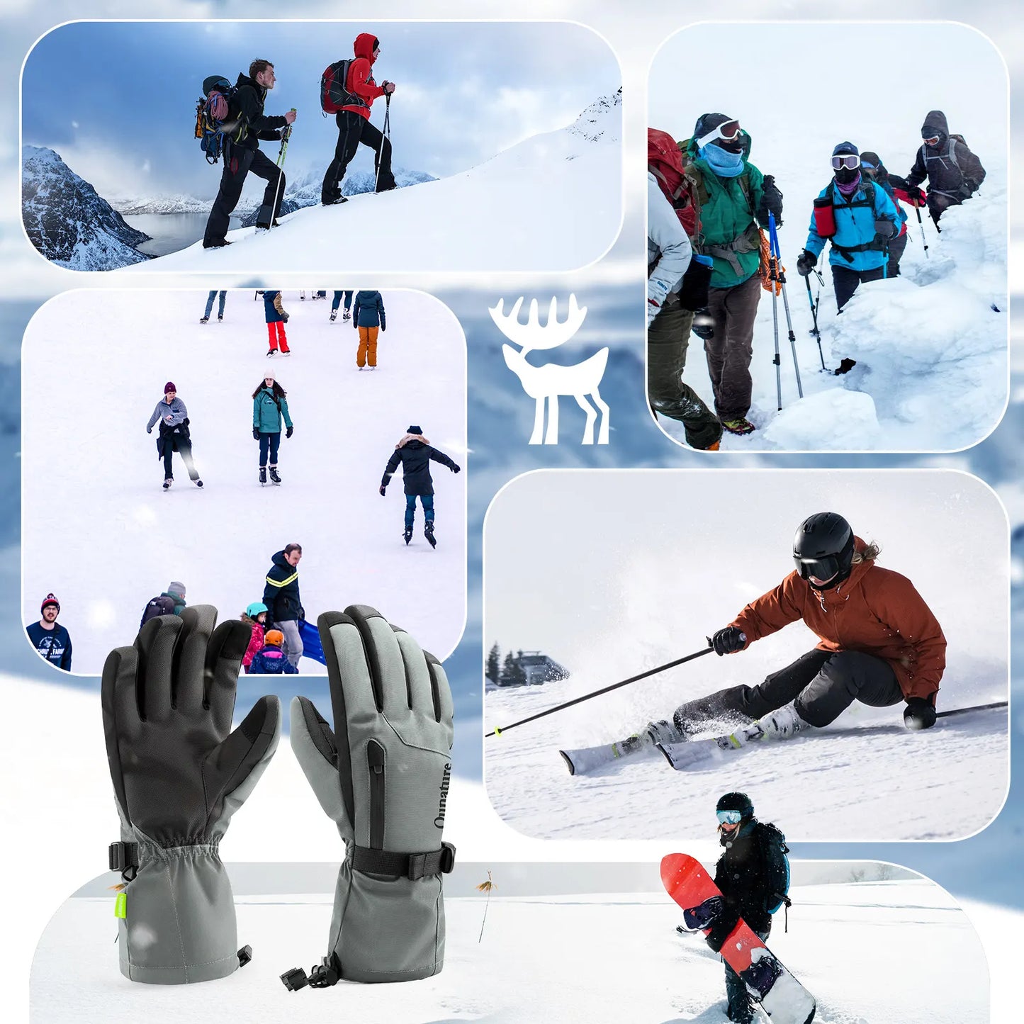 Collage of people skiing and snowshoeing with a focus on gloves in the foreground.