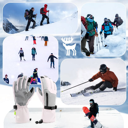 Collage of people skiing and snowboarding with a reindeer icon in the center.