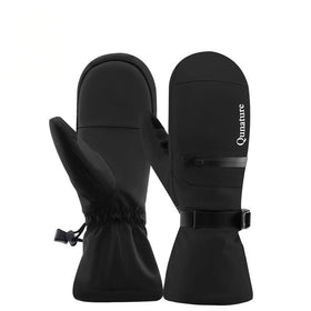 Black mittens with a visible brand logo on a white background