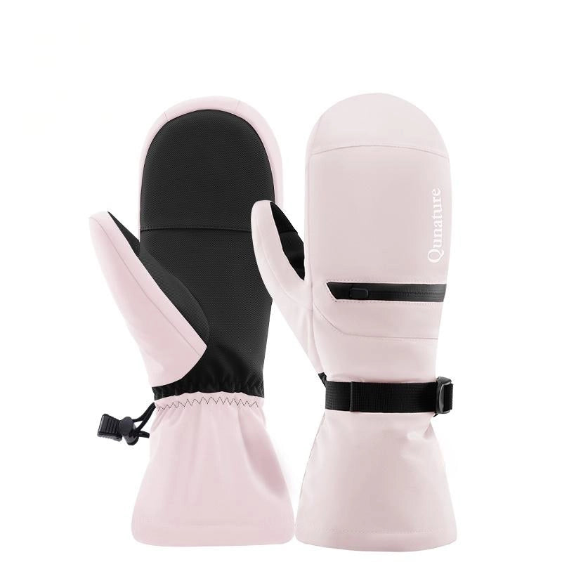 Pair of pink and black mittens with a visible brand name on a white background