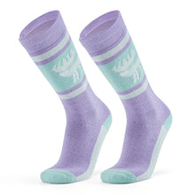 A pair of purple wool ski socks with a striped design and a reindeer logo on the ankle.