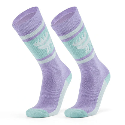 A pair of purple wool ski socks with a striped design and a reindeer logo on the ankle.
