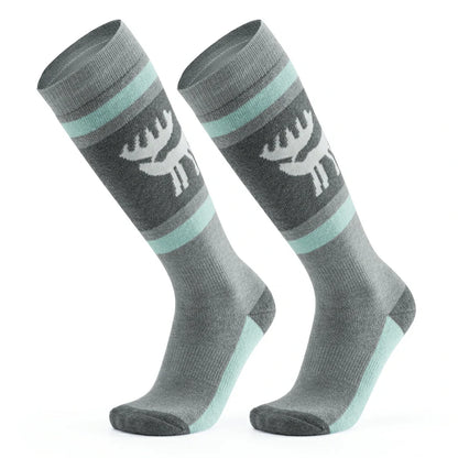 A pair of gray wool ski socks with a striped design and a reindeer logo on the ankle.