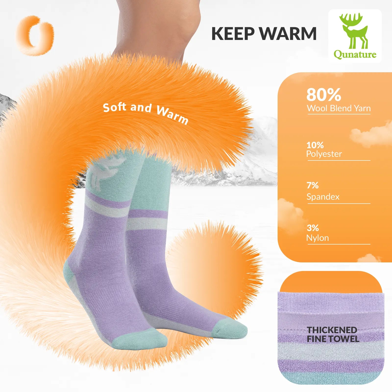 Purple and green socks with orange fuzzy leg warmers, featuring Quature branding and product details.