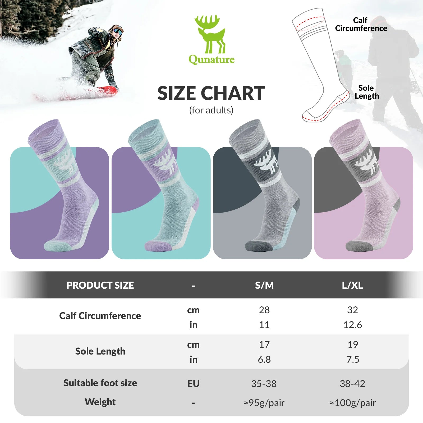 Size chart for Qunature socks with product images and measurements.