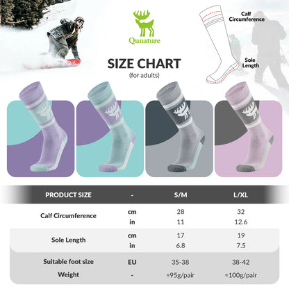 Size chart for Qunature socks with product images and measurements.