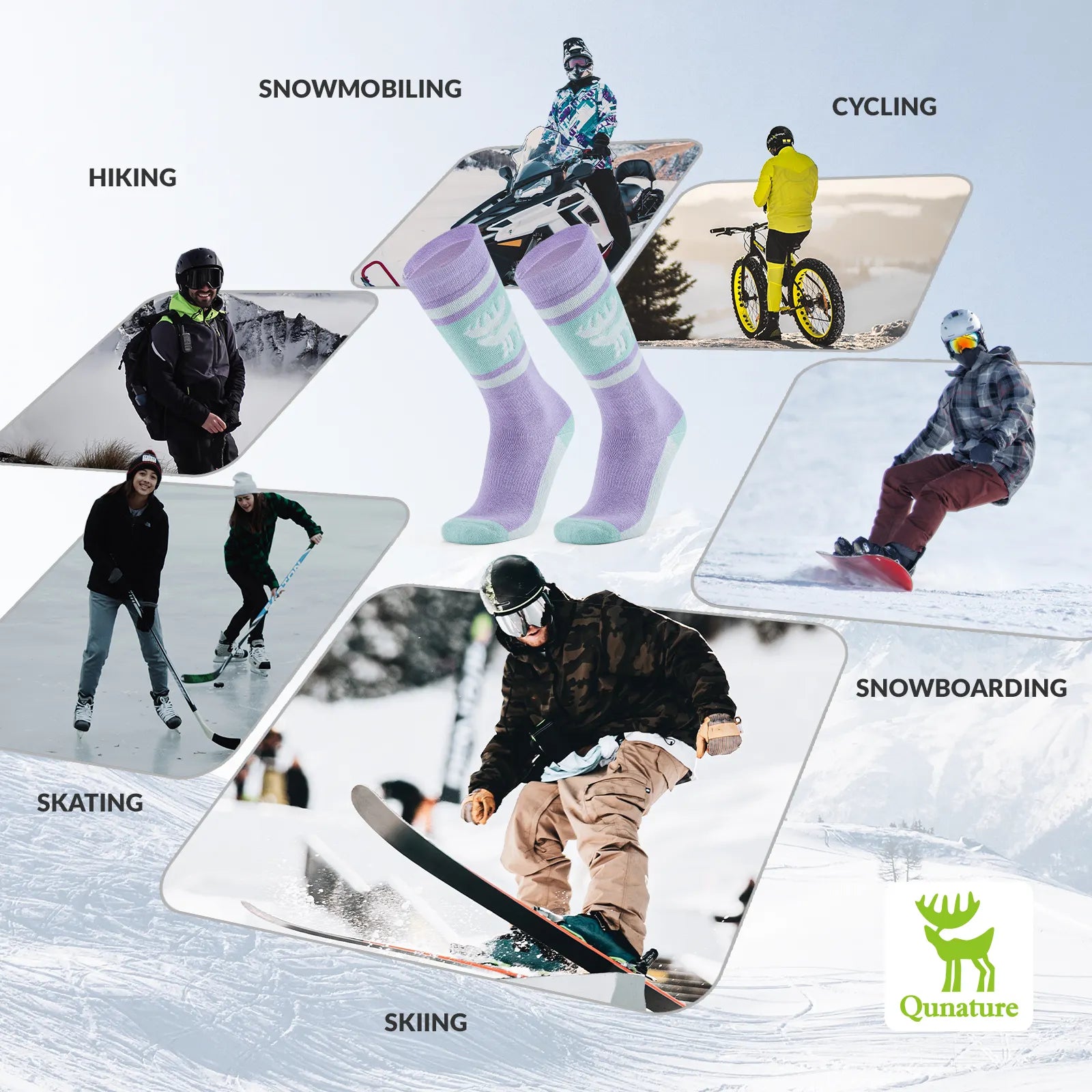 Collage of people engaging in winter sports with corresponding activities listed above each image.
