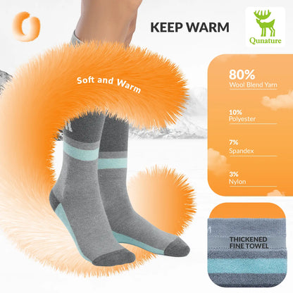 Gray and green socks with orange fuzzy leg warmers, featuring Quature branding and product details.