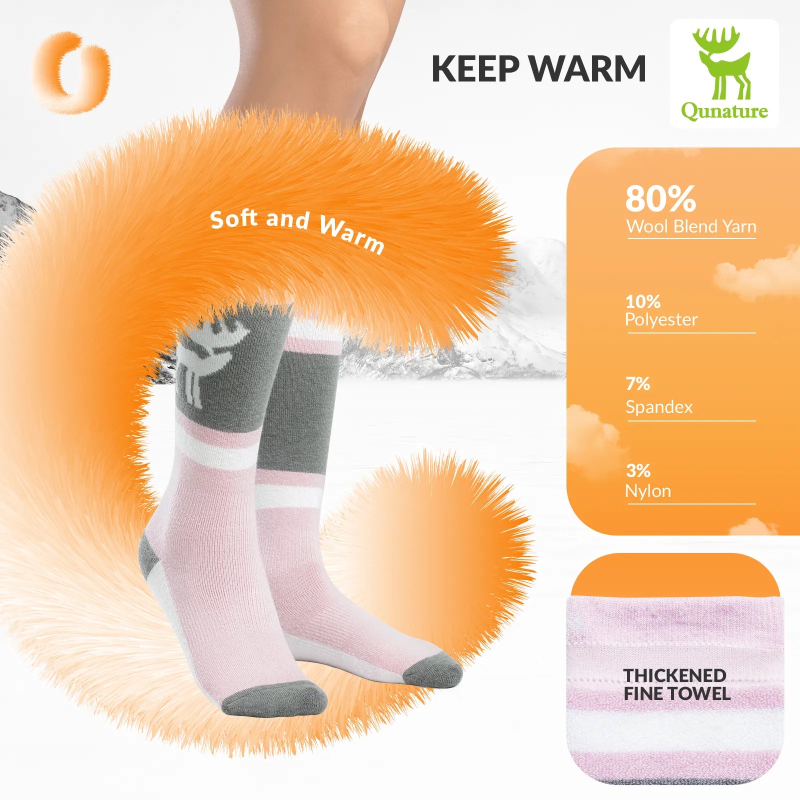 Pink and gray socks with orange fuzzy leg warmers, featuring Quature branding and product details.