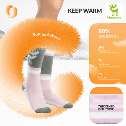 Pink and gray socks with orange fuzzy leg warmers, featuring Quature branding and product details.