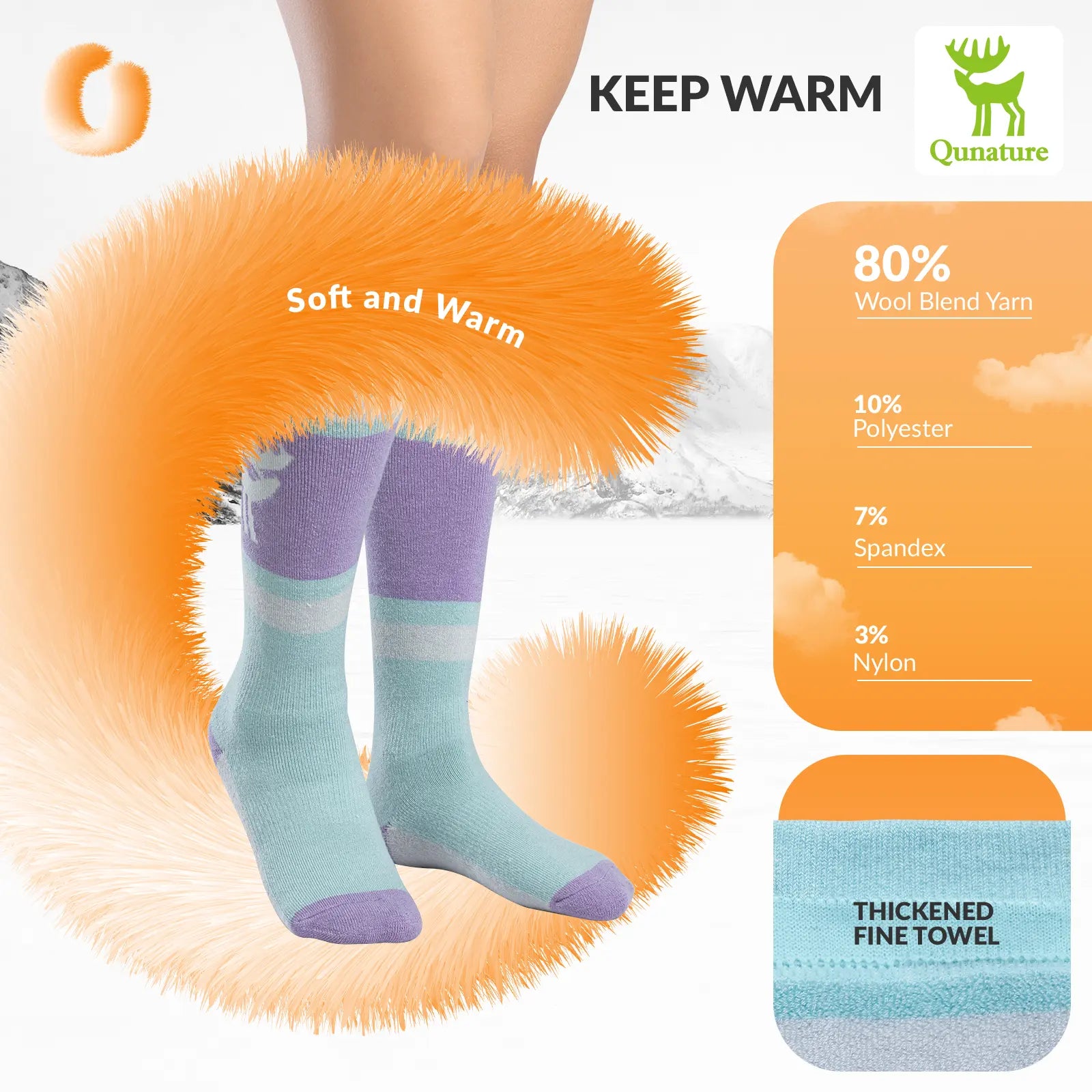 Purple and green socks with orange fuzzy leg warmers, featuring Quature branding and product details.