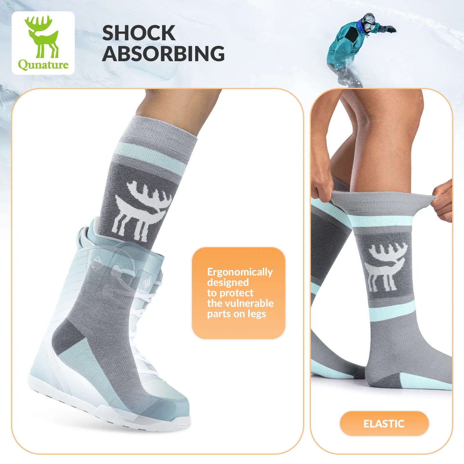 Colorful socks with a deer design worn by a person, featuring text about shock absorption and elasticity.