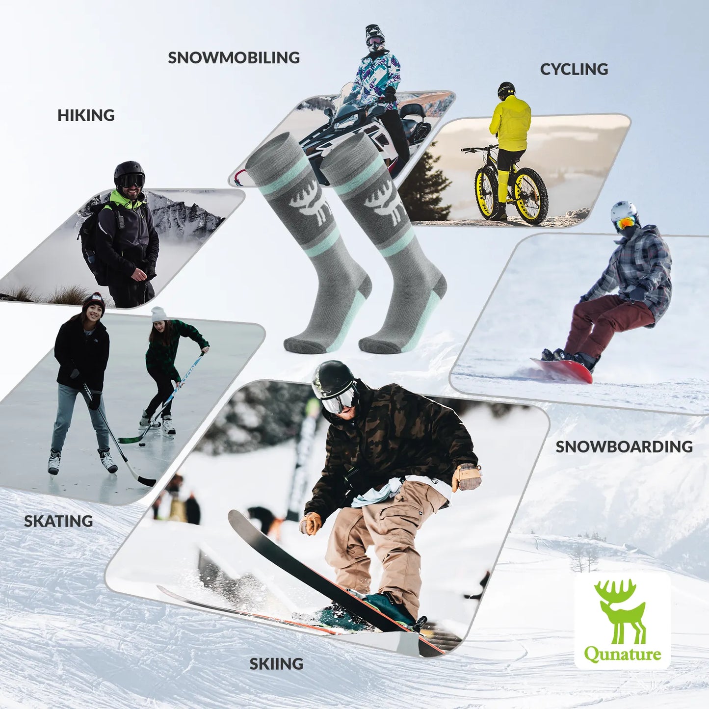 Collage of people engaging in winter sports with corresponding activities listed above each image.