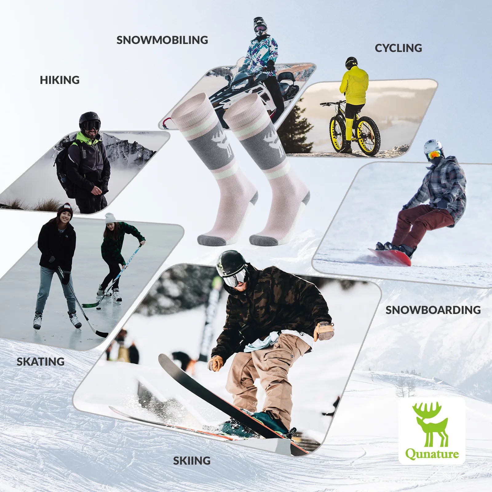 Collage of people engaging in winter sports with corresponding activities listed above each image.